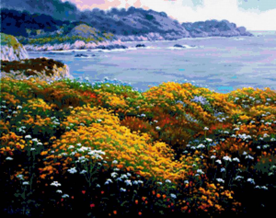 Цветочный берег - берег, цветы, море, пейзаж - предпросмотр