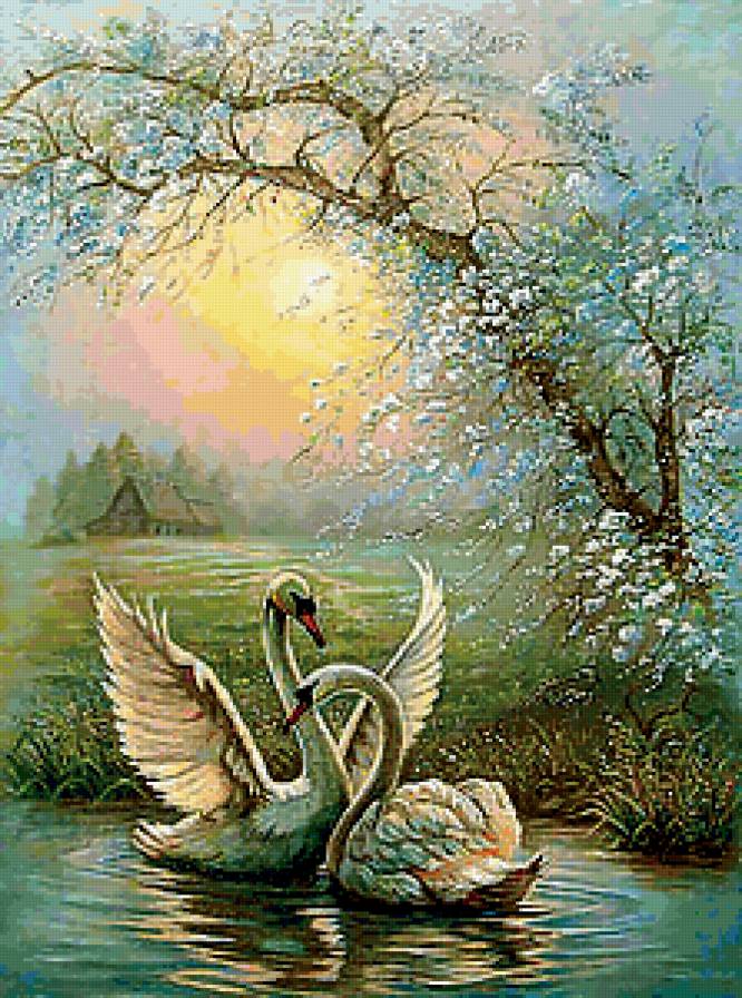 Лебединая песня - рассвет, озеро, лебеди, сказка, весна, цветы - предпросмотр