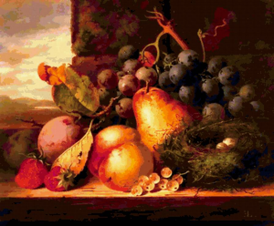 НАТЮРМОРТ - фрукты, от известных авторов викторианскй эпохи, старый комод - предпросмотр