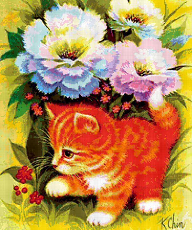 Котенок в цветах - цветы, котенок - предпросмотр