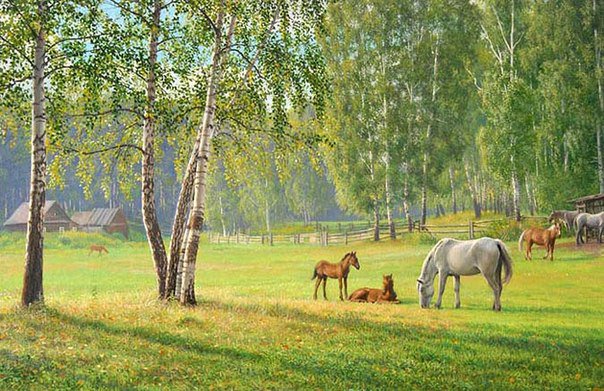 Прогулки лошадей - кони, животные, пейзаж, домик, лошади - оригинал