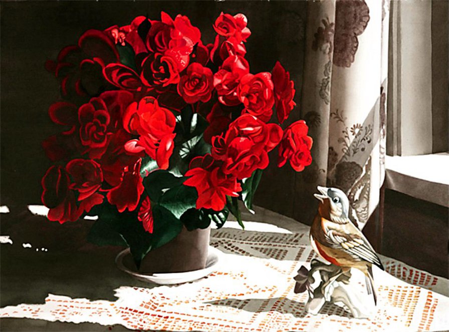 Розы на окне - розы, букет, цветы - оригинал
