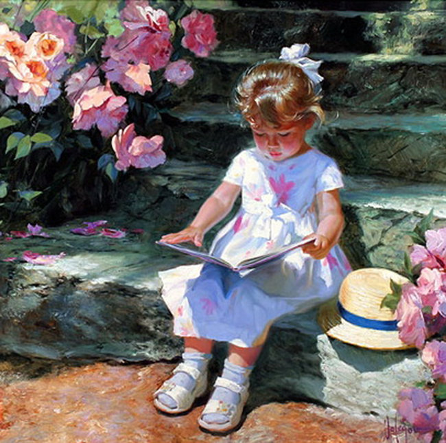 Живопись - ступеньки, ребенок, девочка, книга, живопись, цветы - оригинал