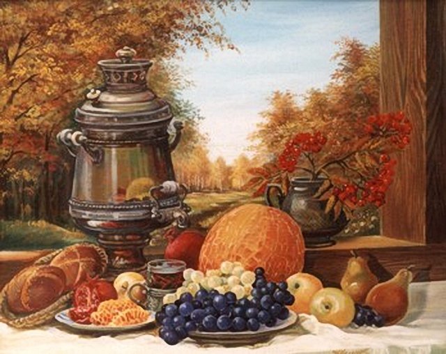 Дары осени - самовар, фрукты, натюрморт - оригинал