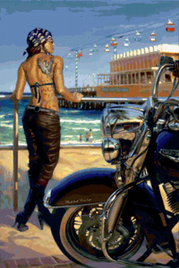 девушка - мотоцыкл, пляж, женщина, рок, образ, байк - предпросмотр