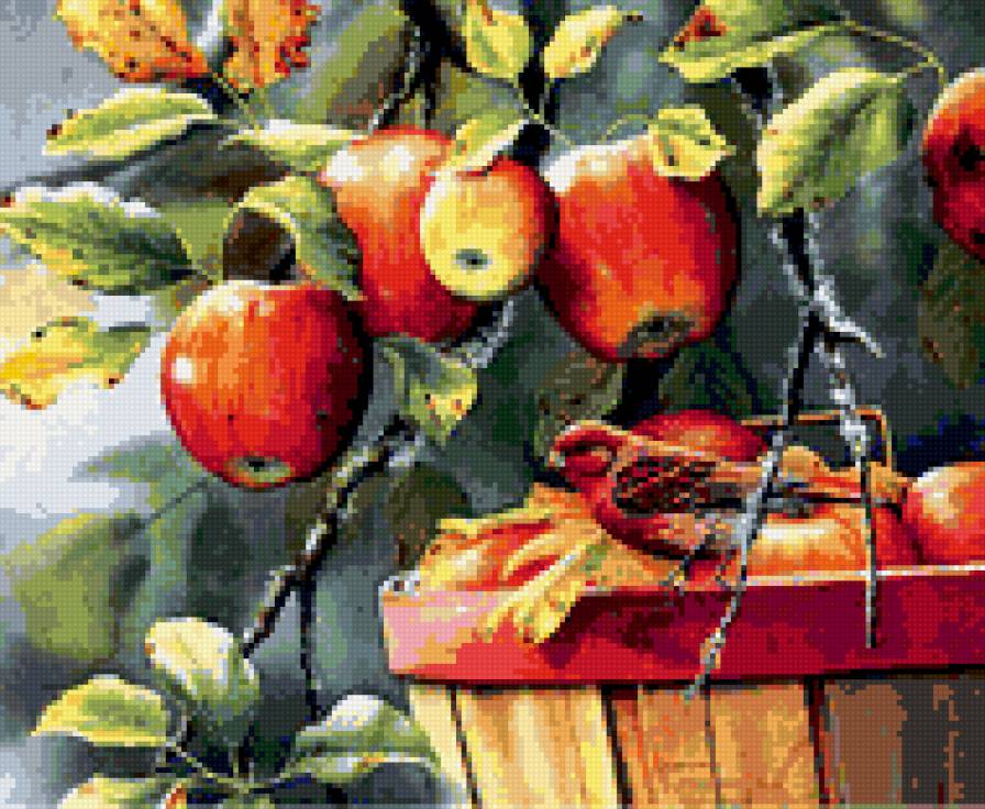 0060 - природа, птицы, лето, красота, картина, фрукты, яблоки - предпросмотр