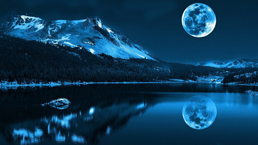 Отражение в ночи - ночь, отражение в воде, горы, природа, луна - оригинал