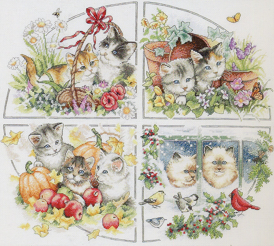 Кошкины Времена Года - времена года, кошки, стильно, кроасиво, цветы - оригинал