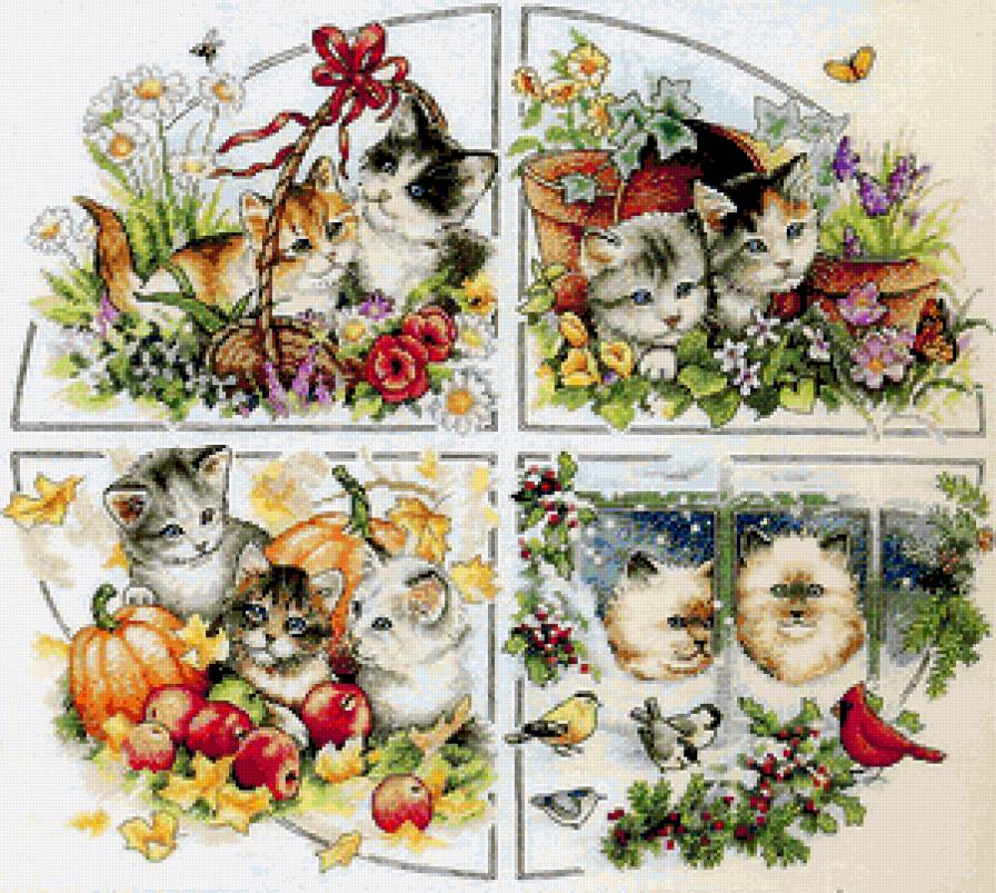 Кошкины Времена Года - кроасиво, кошки, цветы, стильно, времена года - предпросмотр