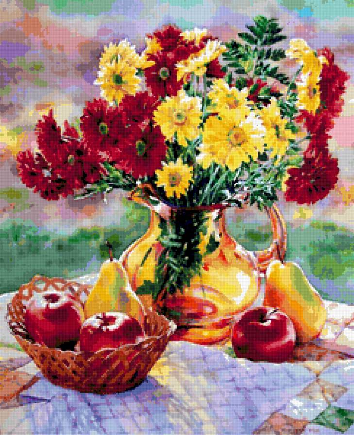 Яблоки и хризантемы - яблоки, фрукты, натюрморт, цветы, хризантемы - предпросмотр