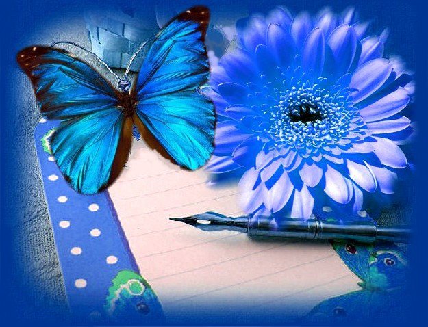 КАРТИНА В СИНИХ ТОНАХ - цветок, синий, бабочка - оригинал