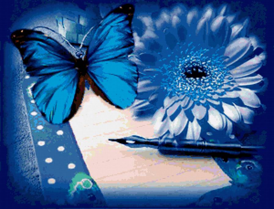 КАРТИНА В СИНИХ ТОНАХ - бабочка, синий, цветок - предпросмотр