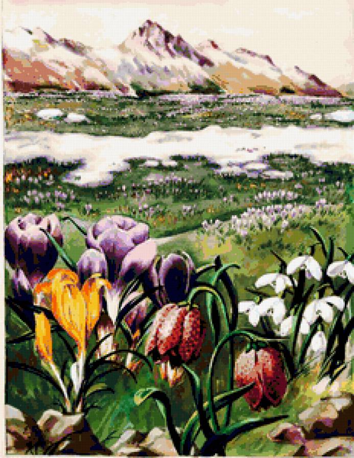 Весенний пейзаж - весенняя картина, цветы, природа, горы, весна, снег, крокусы - предпросмотр