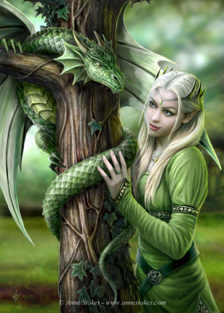 эльфийка и  зелёный дракон - эльфы, существа, дракон, девушка, сказка - оригинал