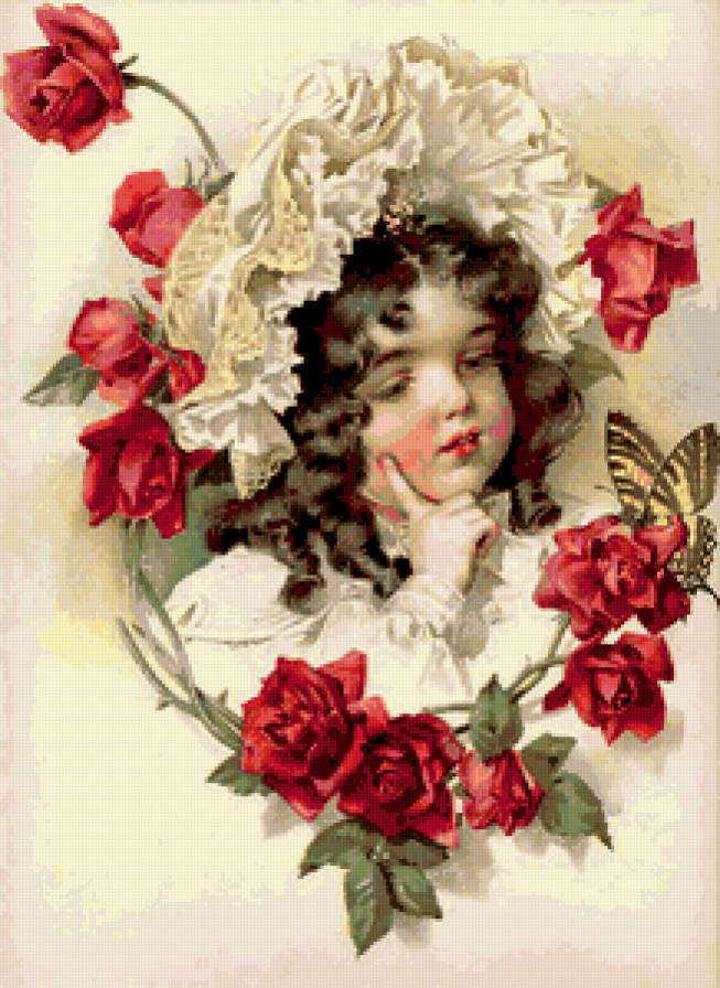 Открытка - подарок, винтаж, открытка, девочка, цветы, розы - предпросмотр