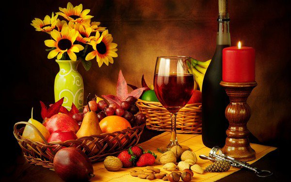 №275783 - картина, бокал, вино, фрукты, натюрморт, свечи, цветы - оригинал