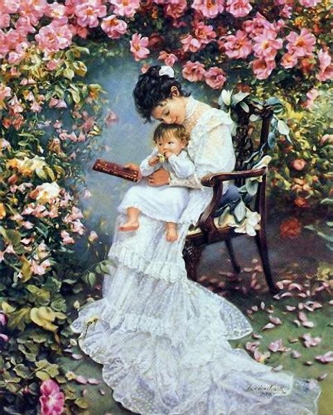 Дама с ребенком - ребенок, сад, живопись, цветы, дама - оригинал