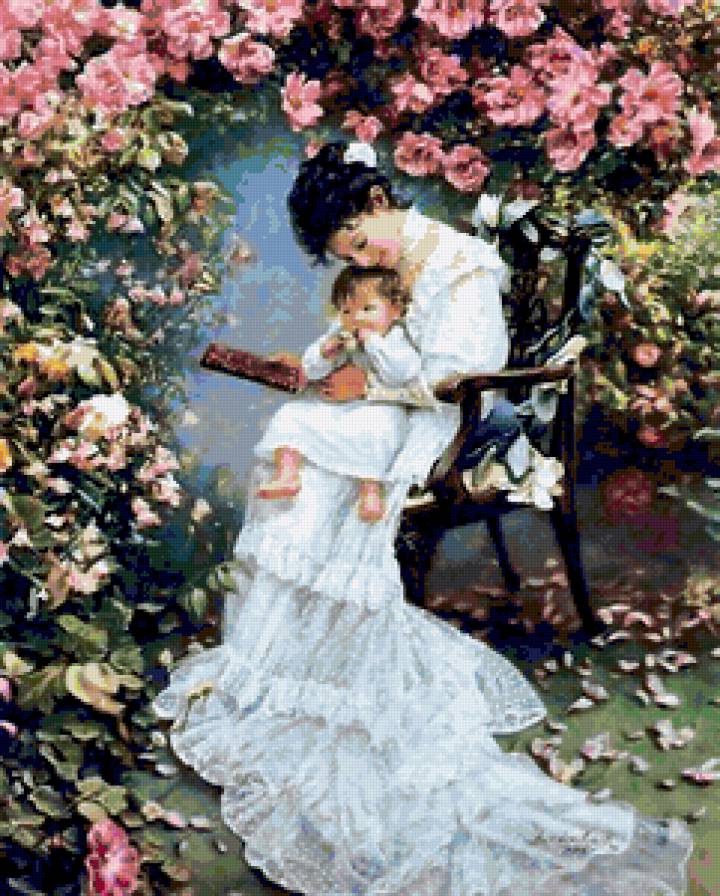 Дама с ребенком - дама, ребенок, цветы, живопись, сад - предпросмотр
