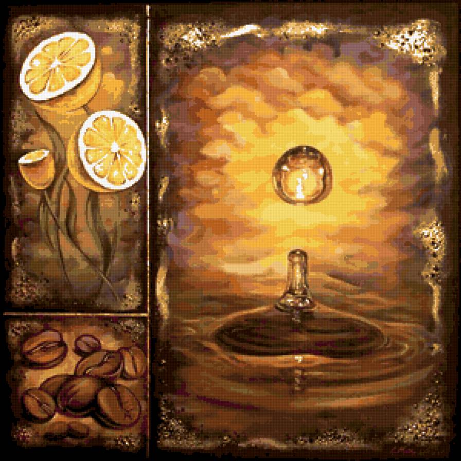 Триптих Капля с моря - кофейный натюрморт, кофе, на кухнию, лимон, эфиопия, кафа - предпросмотр