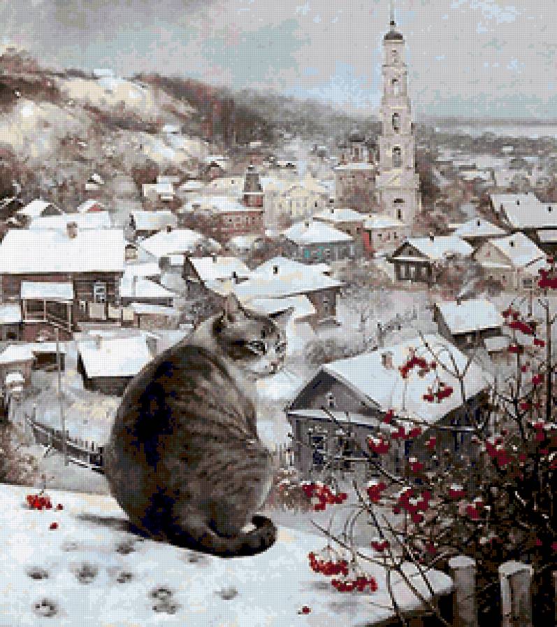 №277788 - калина, зима, картина, кот, деревенский пейзаж - предпросмотр