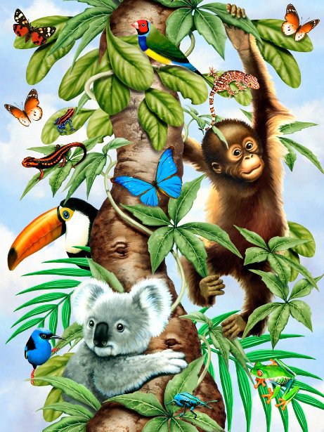 Райский Уголок - птицы, ветка дерева, обезьяна, папугаи, бабочки, природа - оригинал