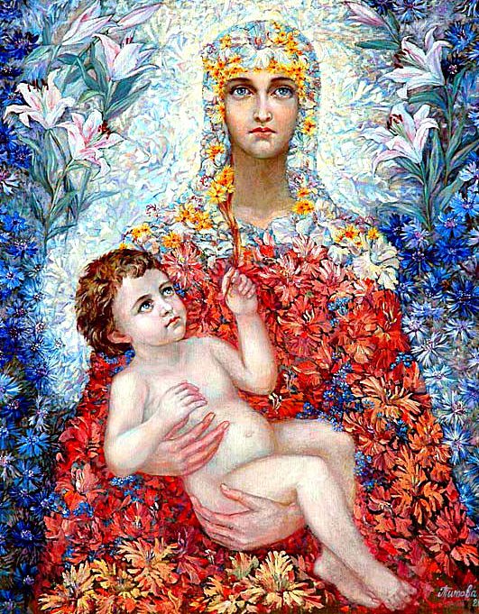 Дева Мария с младенцем - дева мария, цветы, портрет, икона, иисус, младенец - оригинал