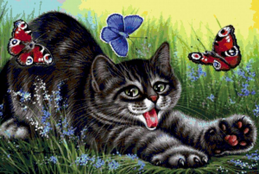 Кот в траве - кот, лето, кошки, коты, незабудки, бабочки, животные, цветы - предпросмотр