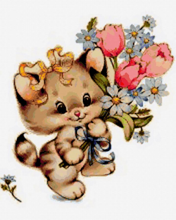 Котёнок с цветами - деткам, букет, котята, тюльпаны, котенок, цветы, кошки - предпросмотр