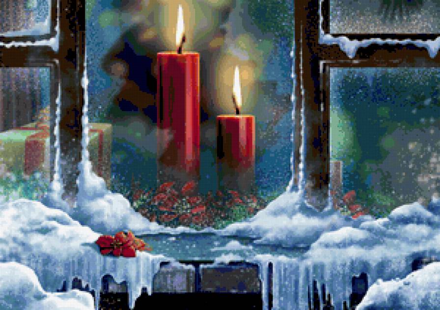 Свечи зимой - картина, зима, снег, свечи, окно, лед, мороз - предпросмотр