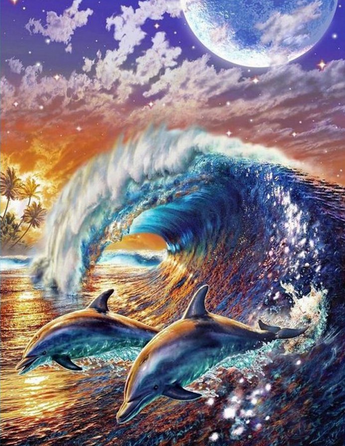 Дельфины - природа, волы, закат, дельфины, море, пальмы, небо, тучи - оригинал