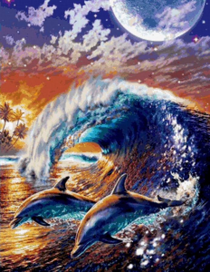 Дельфины - закат, небо, пальмы, тучи, волы, природа, море, дельфины - предпросмотр