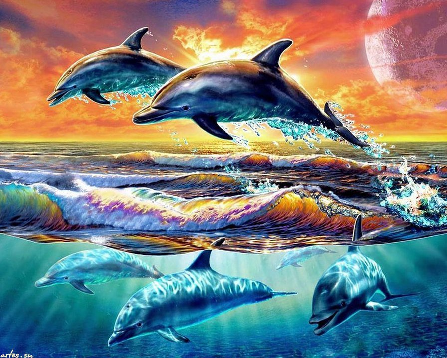 Дельфины - стая, небо, море, облока, морской пейзаж, волны, дельфины - оригинал