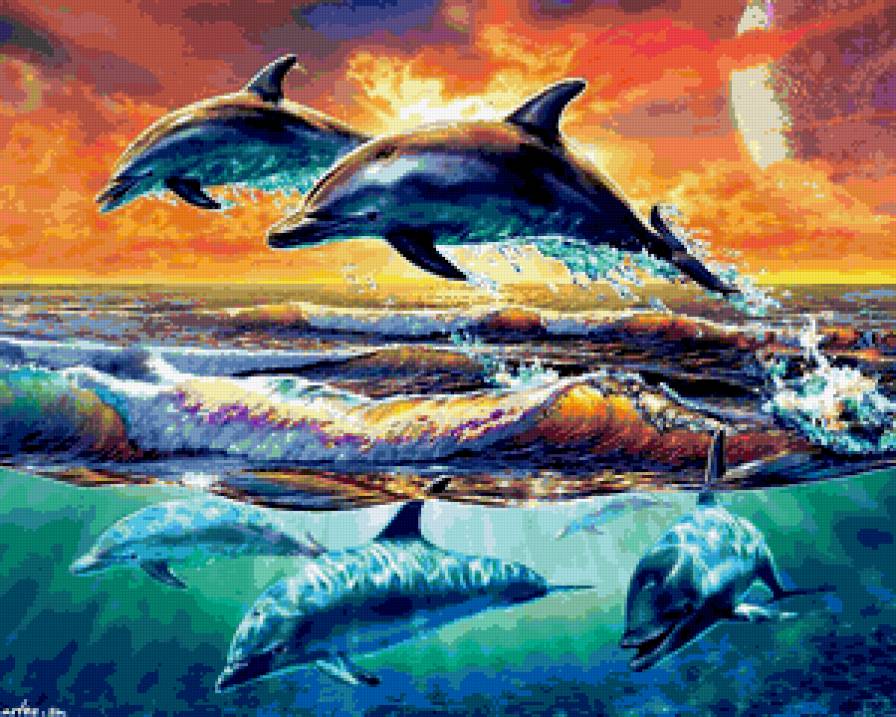 Дельфины - волны, морской пейзаж, облока, стая, море, небо, дельфины - предпросмотр