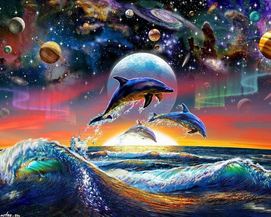 Дельфины - тучи, морской пейзаж, волны, дельфины, небо, планеты, космос, море - оригинал