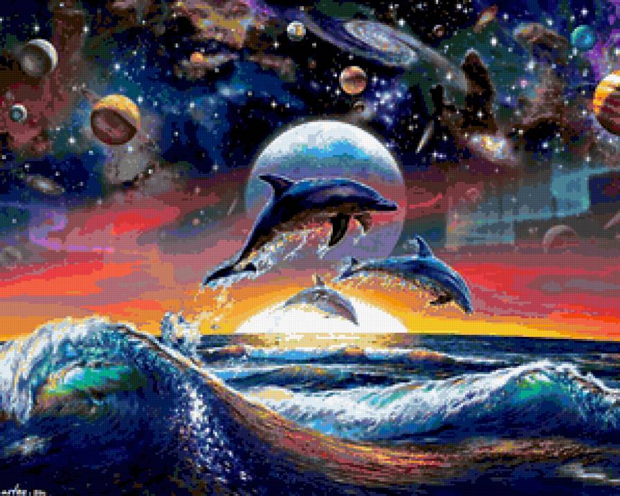 Дельфины - тучи, морской пейзаж, волны, море, дельфины, космос, планеты, небо - предпросмотр