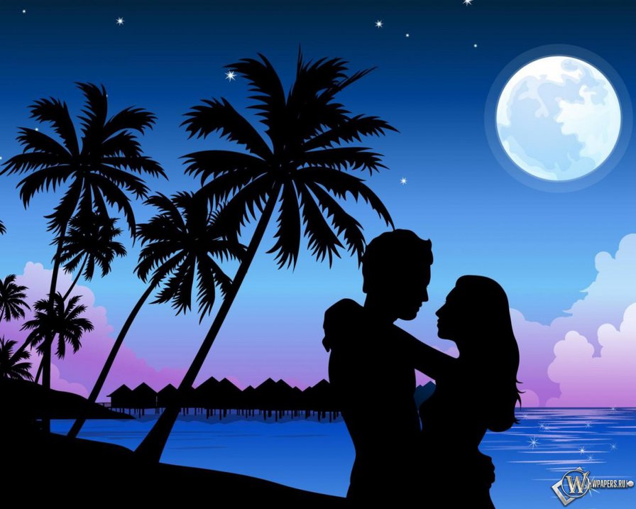 Ночная страсть - любовь, море, небо, пляж, силуэт, парочка, тучи, пальмы, закат - оригинал