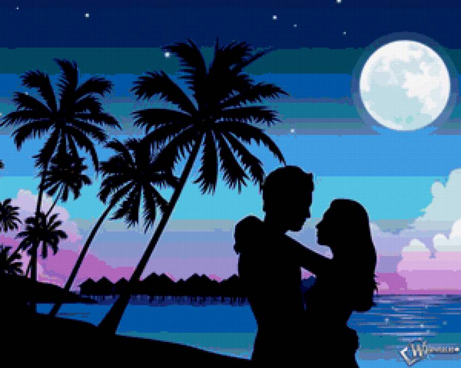 Ночная страсть - пальмы, море, парочка, любовь, силуэт, небо, пляж, закат, тучи - предпросмотр