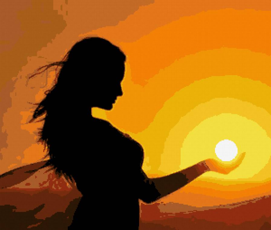 Луна в руке - солнце, луна, море, картина, закат, пейзаж, девушка - предпросмотр