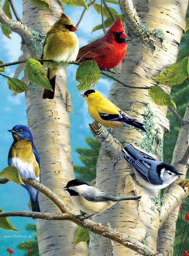 Птицы на берёзе - небо, пейзаж, листья, дерево, картина, береза, птицы - оригинал