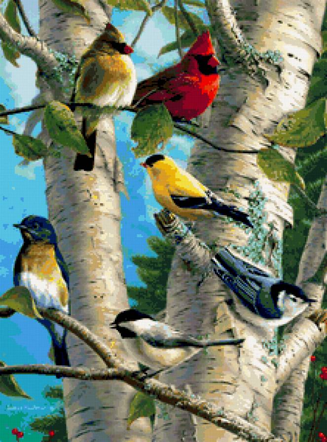 Птицы на берёзе - береза, птицы, пейзаж, листья, картина, небо, дерево - предпросмотр