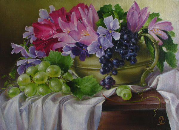 №284465 - фрукты, букет, цветы, натюрморт, картина - оригинал