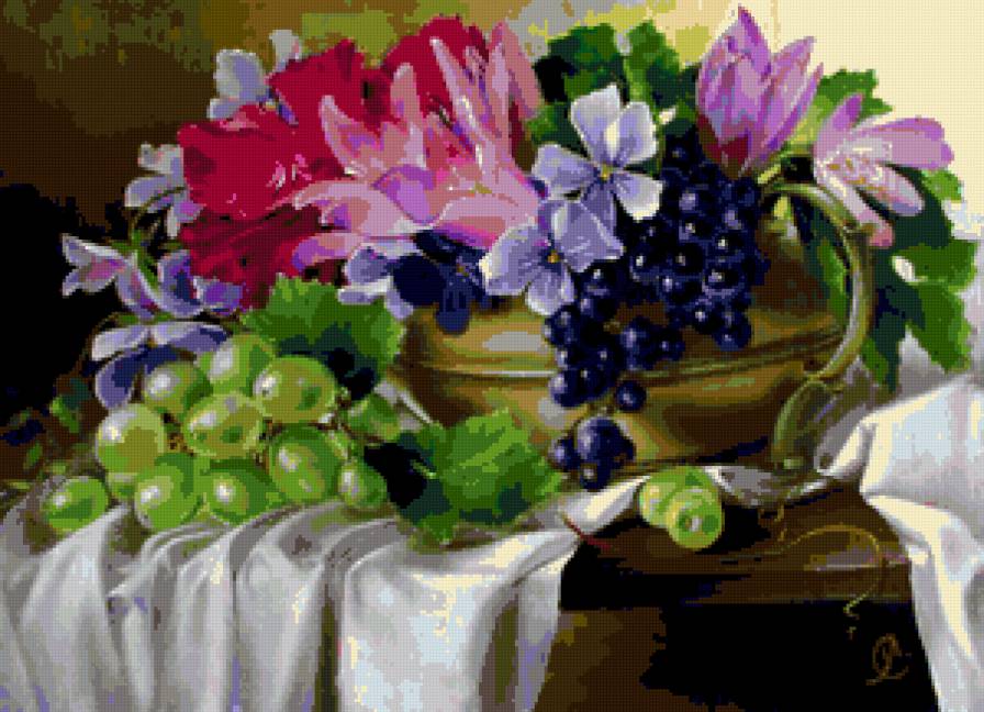 №284465 - фрукты, цветы, натюрморт, букет, картина - предпросмотр