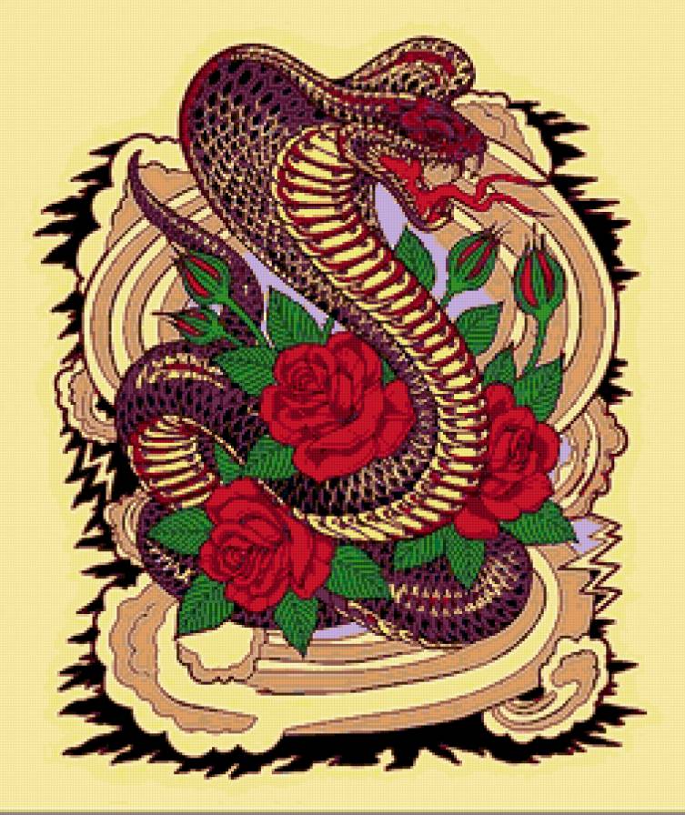 2013 - Год змеи - змея, розы, красные цветы, тату, кобра, роза - предпросмотр