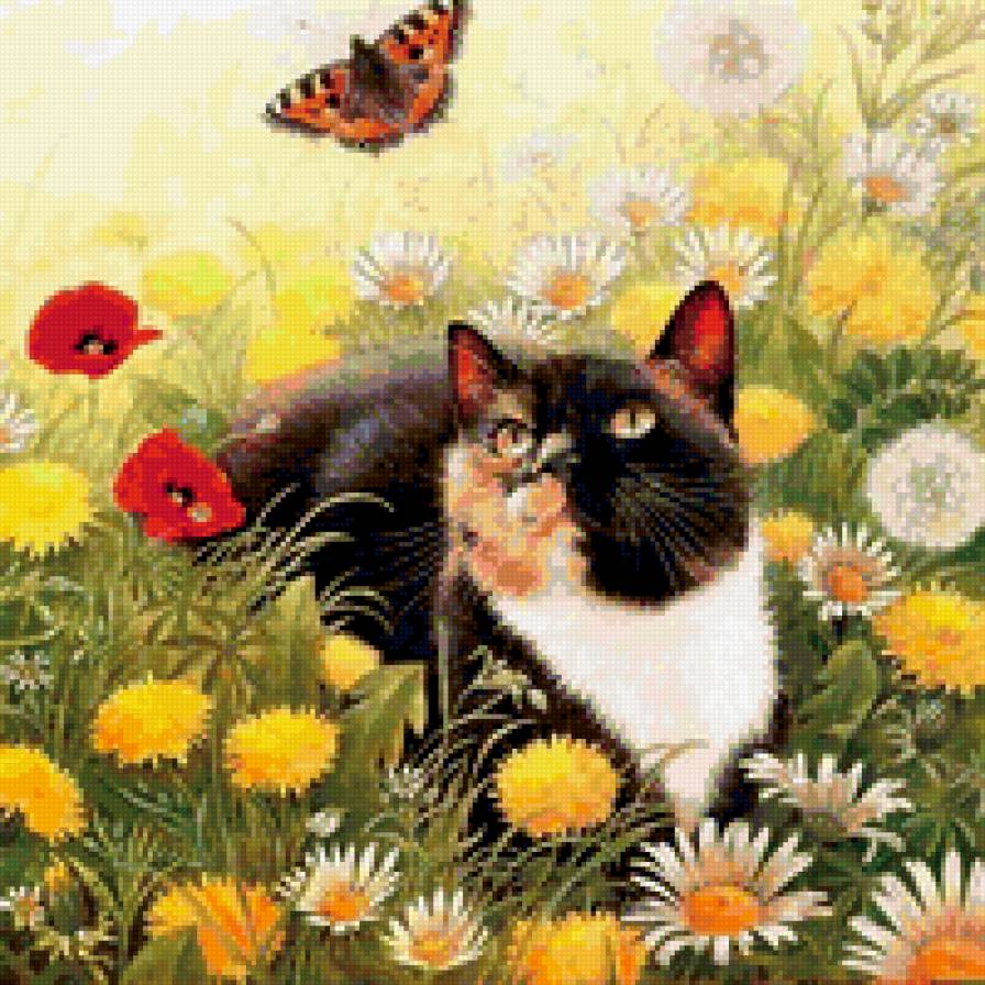 76 - цветы, кот, кошки, луг - предпросмотр
