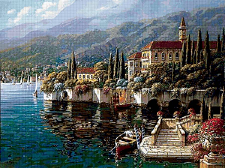 картина Роберта Пежмана - цветы, море, дома, лодка, природа, горы - предпросмотр