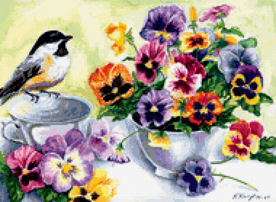 композиция с цветами и птичкой - цветы - предпросмотр
