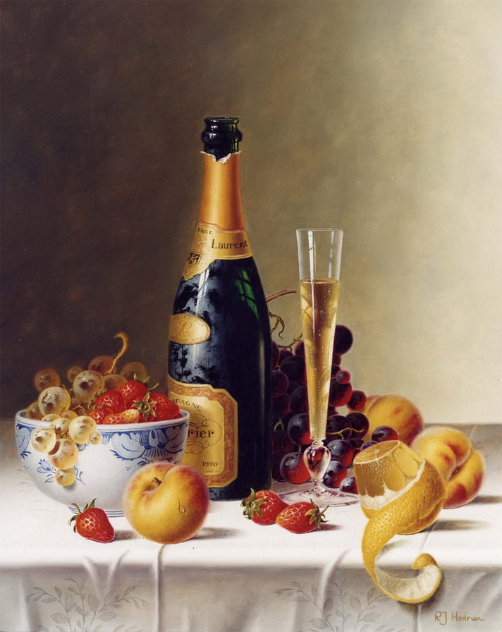 Натюрморт с шампанским - шампанское, натюрморт, напитки, фрукты - оригинал