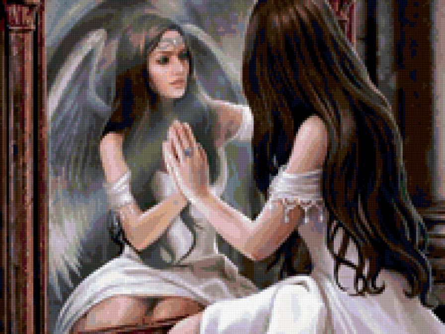 Девушка-ангел - фэнтези, отражение, зеркало, девушка, ангел - предпросмотр