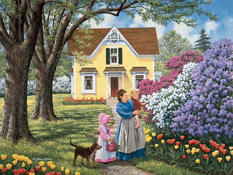 Сирень цветет - дом, семья, цветы, пейзаж, дети - оригинал