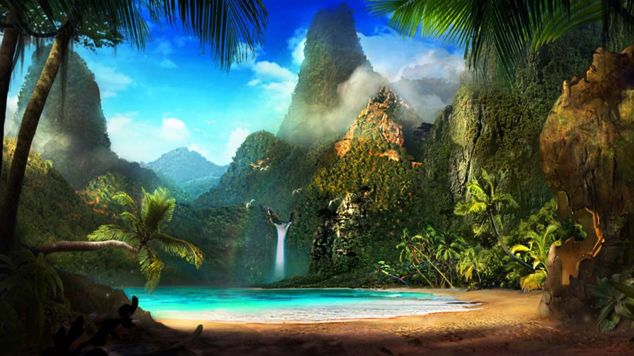 Рай - рай, горы, остров, водопад, море, природа - оригинал